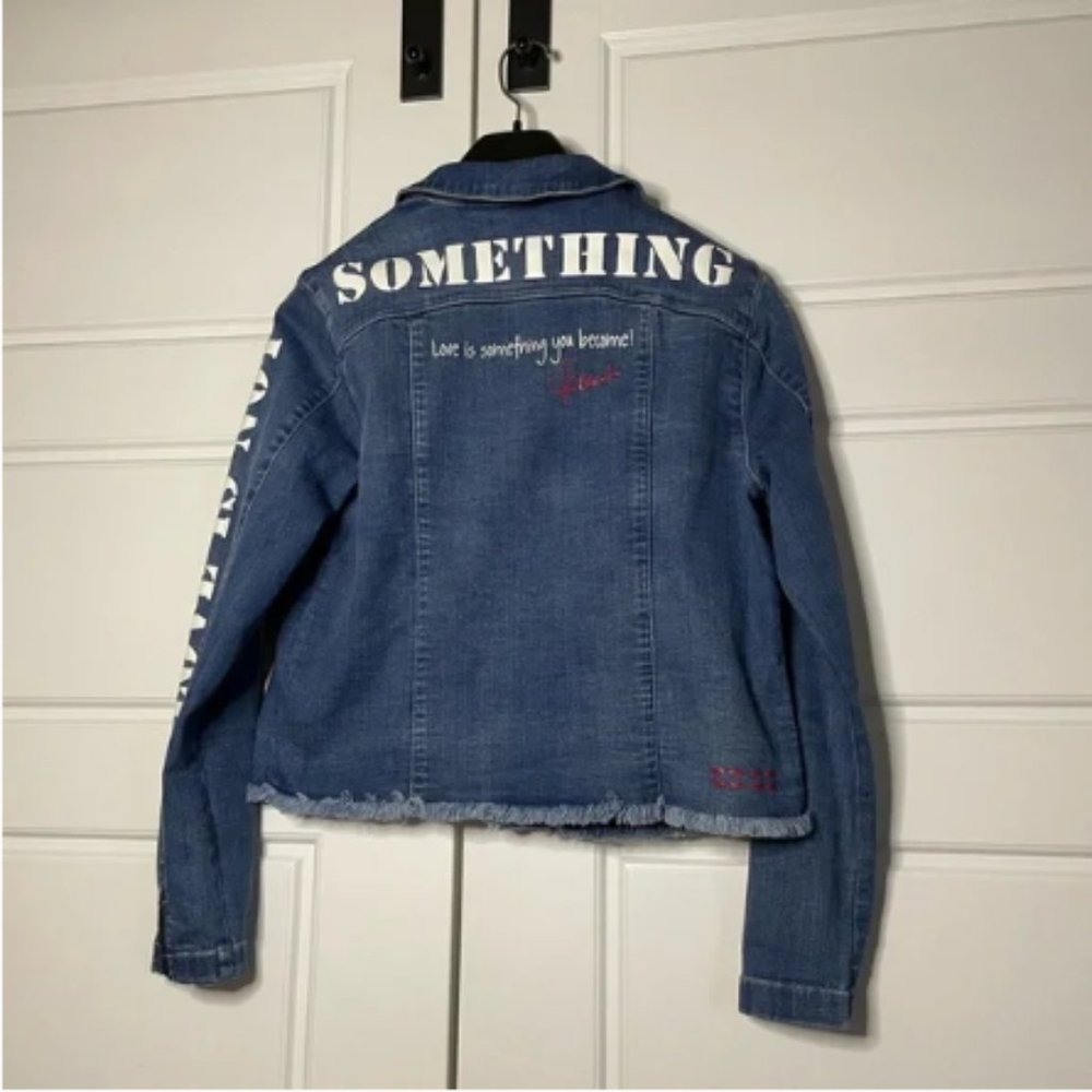Peace Love World Denim Jacket Painted Affirmations Raw Hem Womens Small